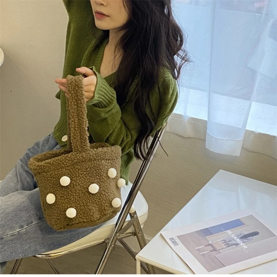 

Women Handbag Lamb Wool Winter Autumn Bucket Package White Brown Mobile Phone Dot Walking the Dog Hangout Casual