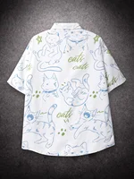 Oversized Loose Short Sleeve Shirt Men Cartoon Cat Print Hiphop Casual Shirts for Summer Beach Hawaiian Clothing 1
