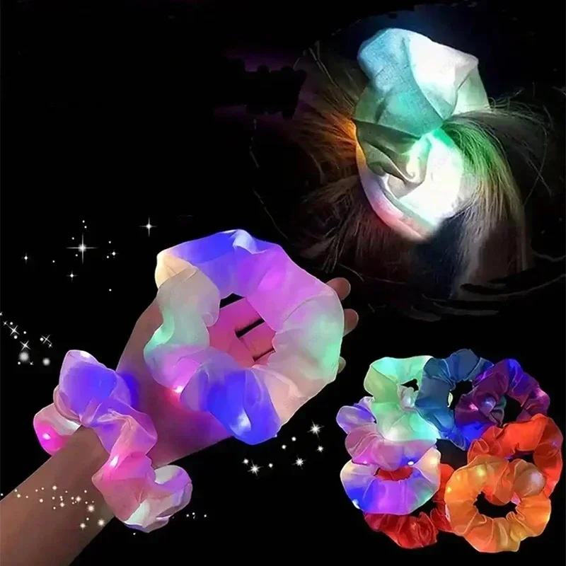 2025, helle Party-Haargummis mit LEDs, Pferdeschwanz, leuchtend, leuchtend, Regenbogenfarben, Party-Haargummis aus Seidensatin für Mädchen, Party-Dekoration – Detail 7