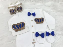 Personalized Light Pink Newborn Welcome Home Outfit Set with Crown Jewelry - Newborn size 52 (Royal blue gold)