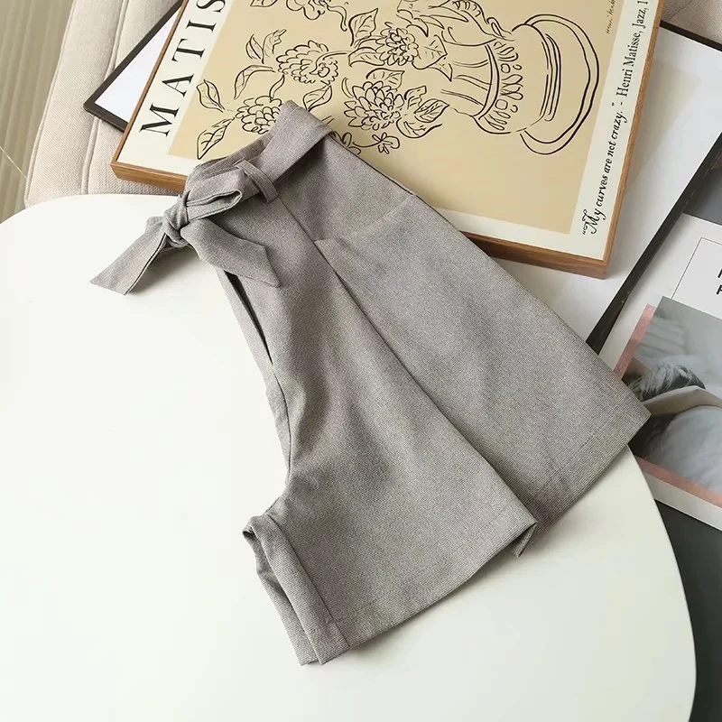 Dave&Di High Waist Loose Linen Shorts Casual Bermuda Women England Style Fashion Simple Sashes