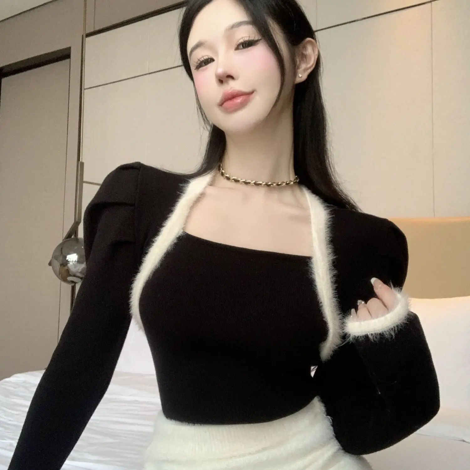 

Women Patchwork Spring Korean Sweater Square Collar Long Sleeve Slim Fit Elegant Fashion Solid Color Tops Warm Puff Sleeve V33