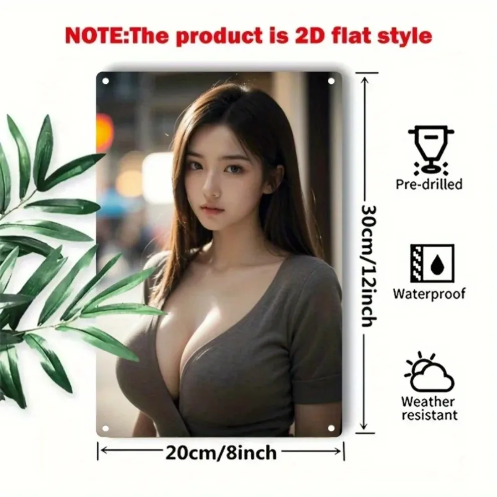 HD 메탈 벽 장식, 세련된 아시아 미녀의 시스루 민트 블라우스, 핀업걸 빈티지 메탈 틴 사인 벽 장식