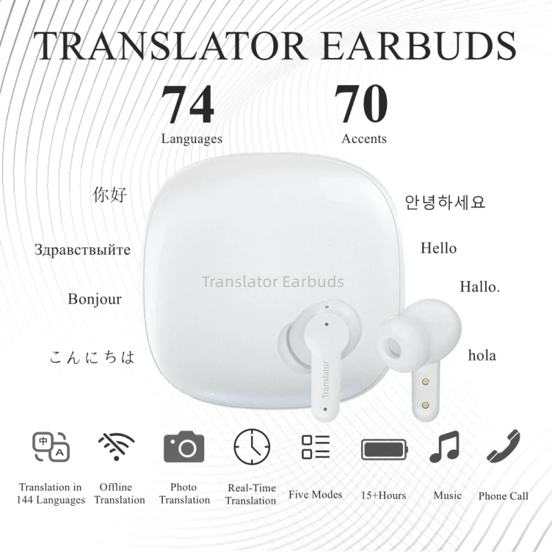 Wireless Instant Voice Translator Earbuds 144 Languages Bluetooth Headphones Charging Case Real-time Simultaneous Translation