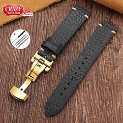 Vintage Waterproof Leather Watch Band with Butterfly Buckle - Universal Strap - 20mm (Black - Gold)