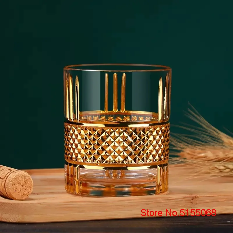 European Style Luxury Golden Old Fashioned Whiskey Rock Glass Diamond Cut Pattern Whisky Tumbler Trace Gold Wine Glass Beer Cup whiskey glass wine glass