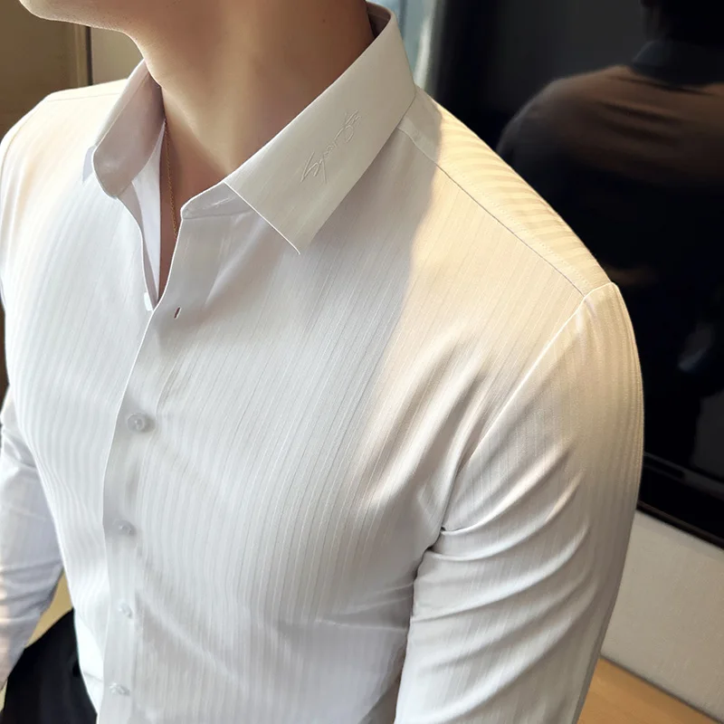 

2023 Autumn Luxury Embroidery Seamless Slim Fit Shirt Men Long Sleeve Vertical Stripe Anti-Wrinkle Casual Business Social Shirts