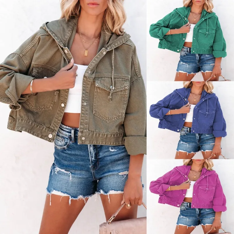 New Jackets for Women Hooded Denim Jacket Women Vintage Jean Coats Casual Long Sleeve Top Clothes Women Streetwear - 2