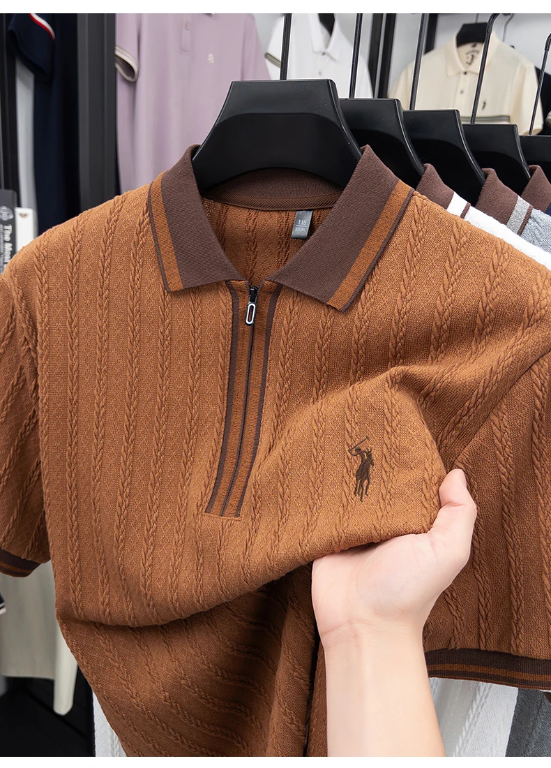 Luxus Marke Kurzarm T-Shirt Männer Flip-up Sommer Mode Zipper Design Golf Pony Stickerei Gelegenheitsstrickte POLO Shirt – Detail 14