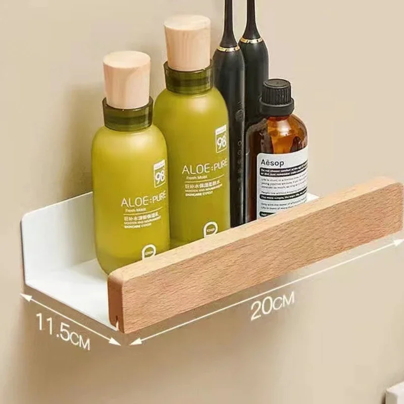 Solid Wood Storage Rack Bathroom No Drilling Washbasin Cosmetics Storage Rack Living Room Wall Mounted Decorative Rack Tray 5