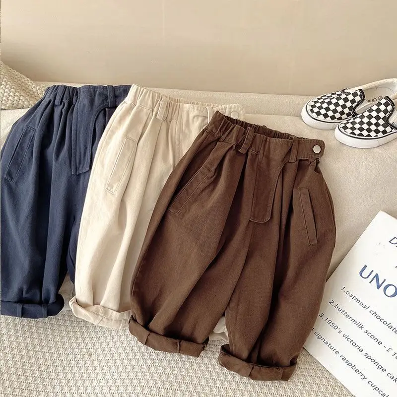 Kids Pants Spring and Autumn Children's Pants Korean Boys and Girls Solid Color Diagonal Pocket Loose Trousers