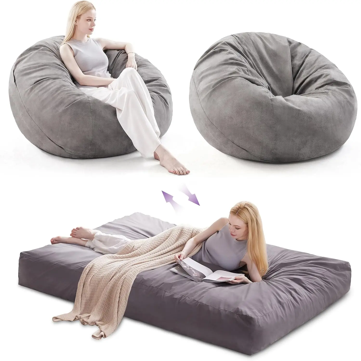 Bean Bag Chair, Large Bean Bag Chairs for Adults, Convertible Bed, Big Beanbag Chair with Microfiber Cover, Huge