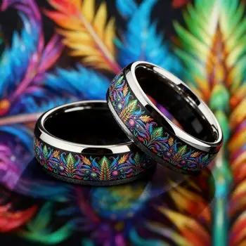 Anello Bohemien Arcobaleno Psichedelico a Foglia, Misterioso Anello in Acciaio Inossidabile Color Argento per Uomo Donna, Gioielli da Matrimonio, Regali