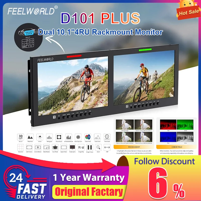 NEW FEELWORLD D101 PLUS Dual 10.1"4RU Rackmount Monitor 4K HDMI SDI 1920x1200IPS