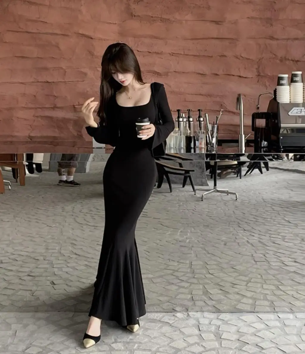 Vestidos largos de moda de otoño para mujer, mangas largas, cuello cuadrado, estilo coreano, corte entallado, sirena, elegantes, básicos, lisos, nuevos