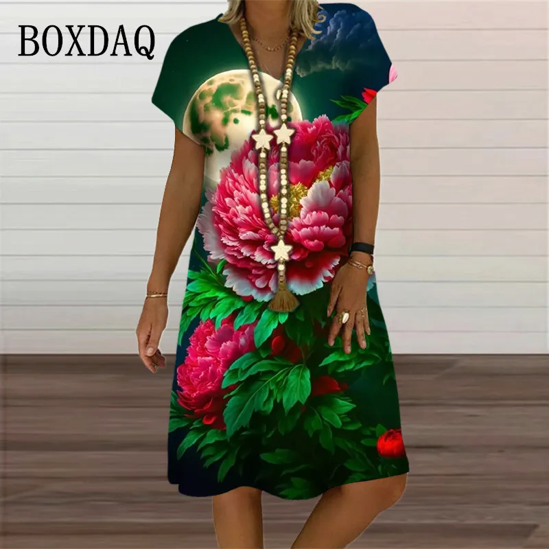 

New Vintage Pattern Lantern Flower 3D Print Dress Women Oversized Loose Clothing Casual Short Sleeve V-Neck Summer Dresses 2023