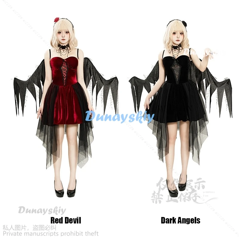 

Anime Red Devil Cosplay Lolita Dress Dark Angles Roleplay Witch Cos Sexy Dark Red Leather Dress Women Halloween Costume Party