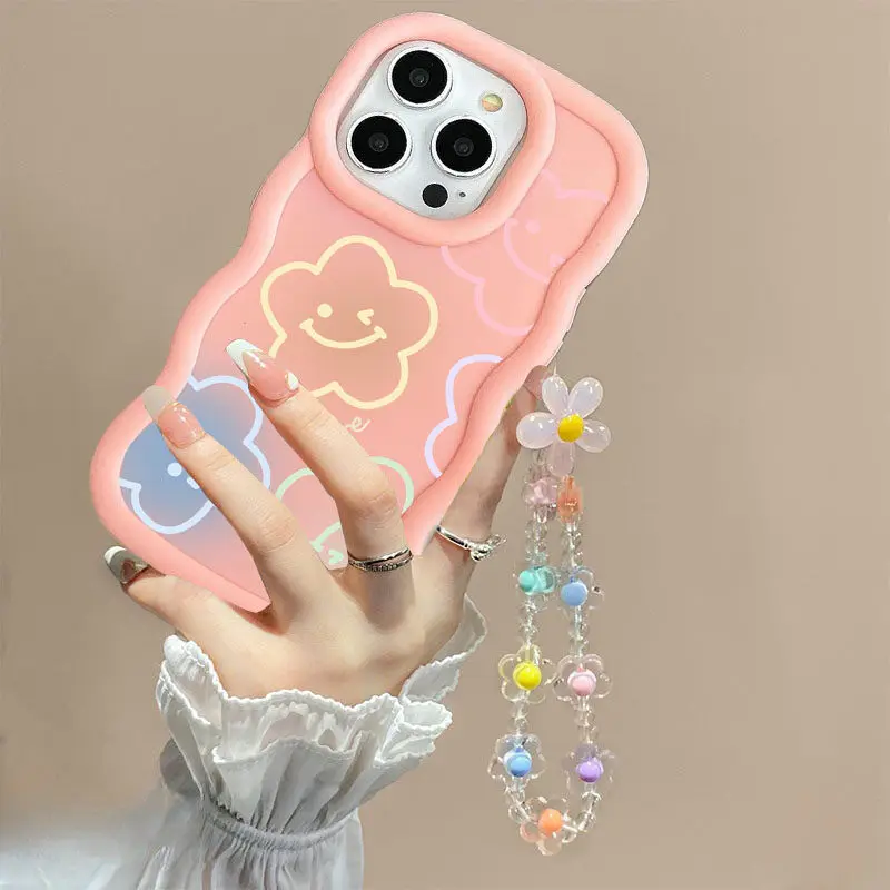 Bow Flower Lanyard Wavy Edge Phone Case