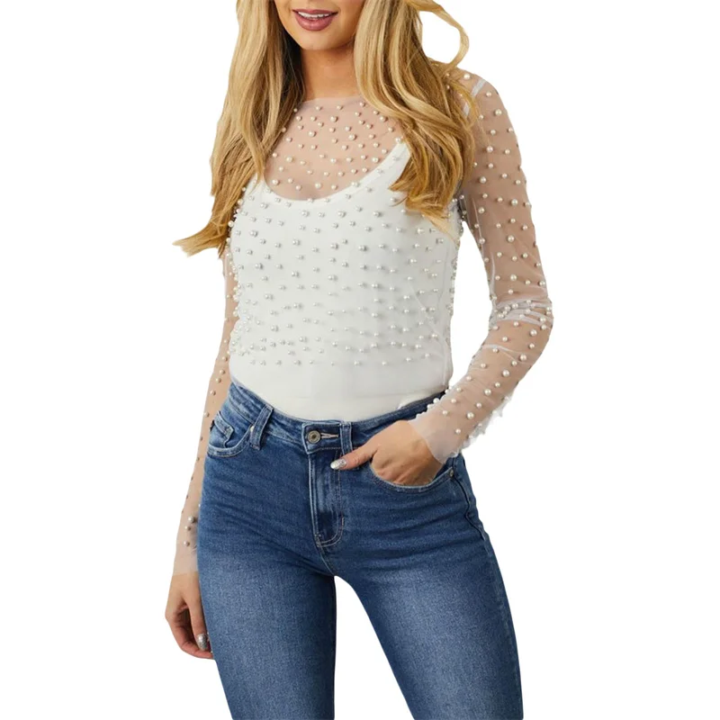 Sheer Mesh Top with Pearls Women y2k Clothing See Through Round Neck Long Sleeve T Shirt 2000s Clothes Party Clubwear