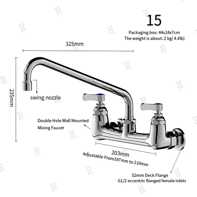ก๊อกน้ําผสมติดผนังสองรู - ก๊อกน้ําอ่างล้างจานเชิงพาณิชย์ทองแดงพร้อมหัวฉีดสวิงและคอห่านหมุนสําหรับอ่างล้างหน้าในครัว 5