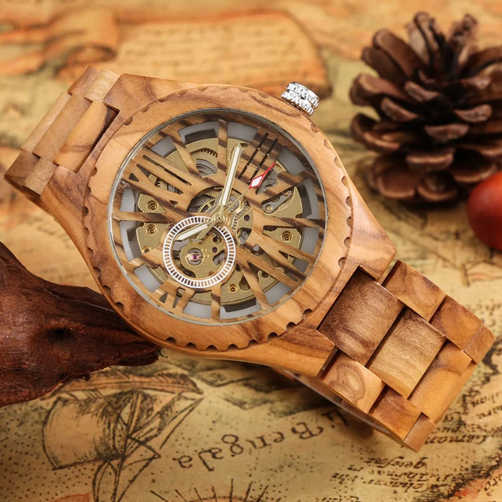 Fashion Men's Wooden Mechanical Skeleton Watches, No Battery Wooden Strap Watch for Men, Roman Large Numeral Dial