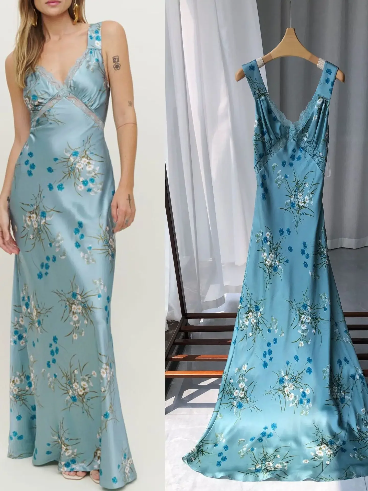 

Women's Long Dress 2023 New Summer Silk Lace Stitching Floral Print High Waist Backless V-neck Slim Sexy Sleeveless Robe