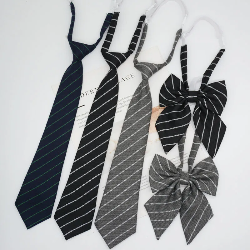 

7CM Width Cotton Striped Lazy Ties For Men Women Student Bowknot Casual Black Grey Clip Tie Uniform Shirt Accessories Big Bowtie