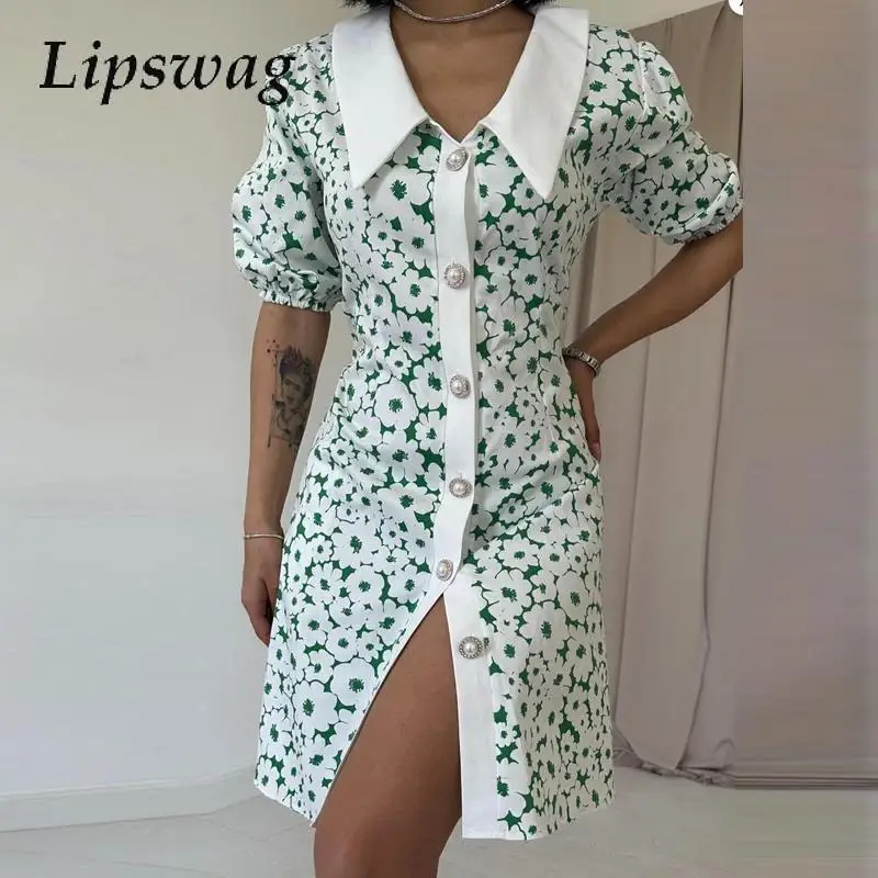 

Office 2024 Button Slim Party Dress Sexy Women Floral Print Polo Collar Stitching Dresses Elegant Lady Short Sleeve Mini Dress