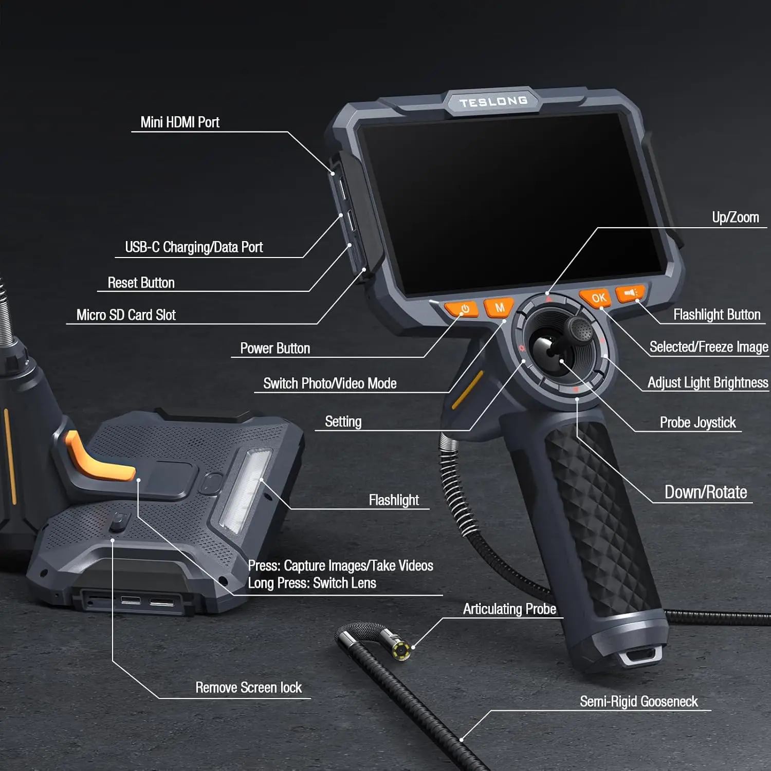 Teslong TF600 6” IPS Screen 6.5mm dual lens 360 Articulating Borescope with 4-Way Joystick Articulation WIFI 2
