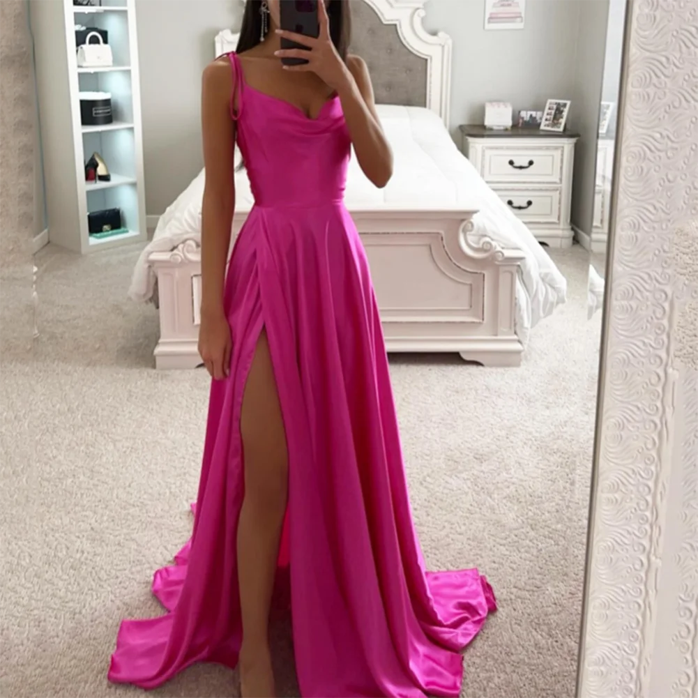 

A Line Prom Dresses Spaghetti Straps Evening Dresses Long فساتين السهرة Satin Formal Party Gown with Slit