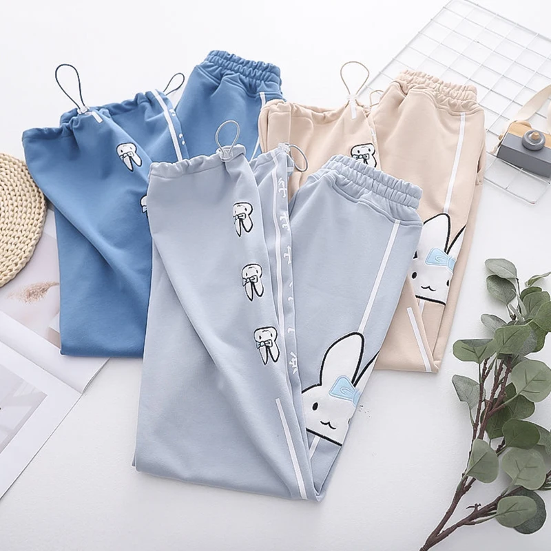 

Mori Girl Style Spring Autumn New Arrival Cartoon Rabbit Embroidered Pants Women Clothing Stony Waist Lace-up Casual Pants U156