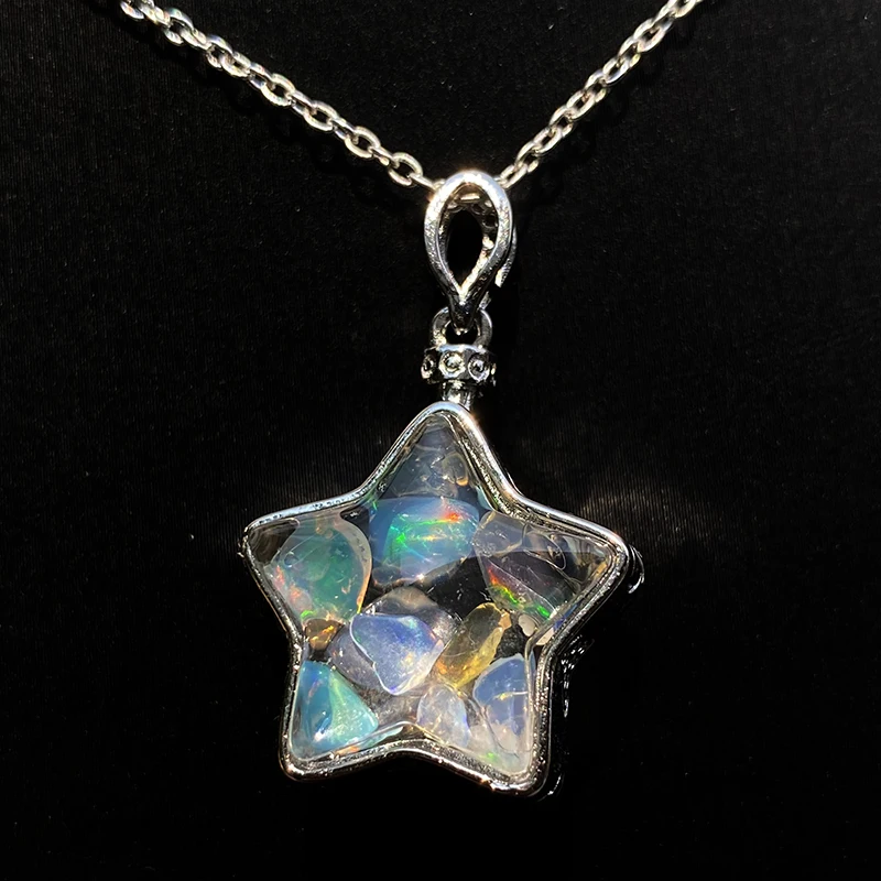 Unit One Piece Natural Opal Gemstone Crystal Chips Star Shaped Glass Wish Bottle Necklace Pendant With Leather Rope 6