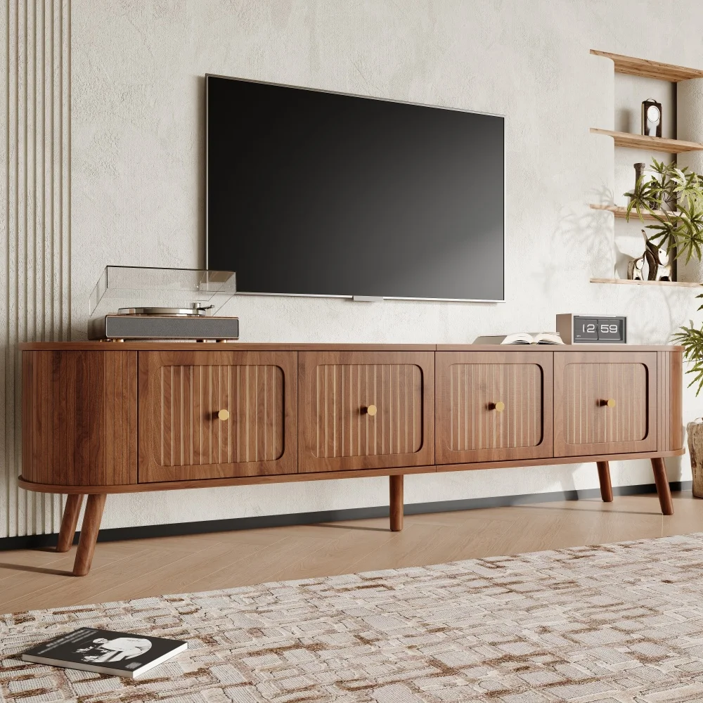 TV-Schrank aus Walnussholz mit 4 Schranktüren, Goldenen Griffen, Holzbeinen und TV-Panel in Einzigartigem Design – Detail 8