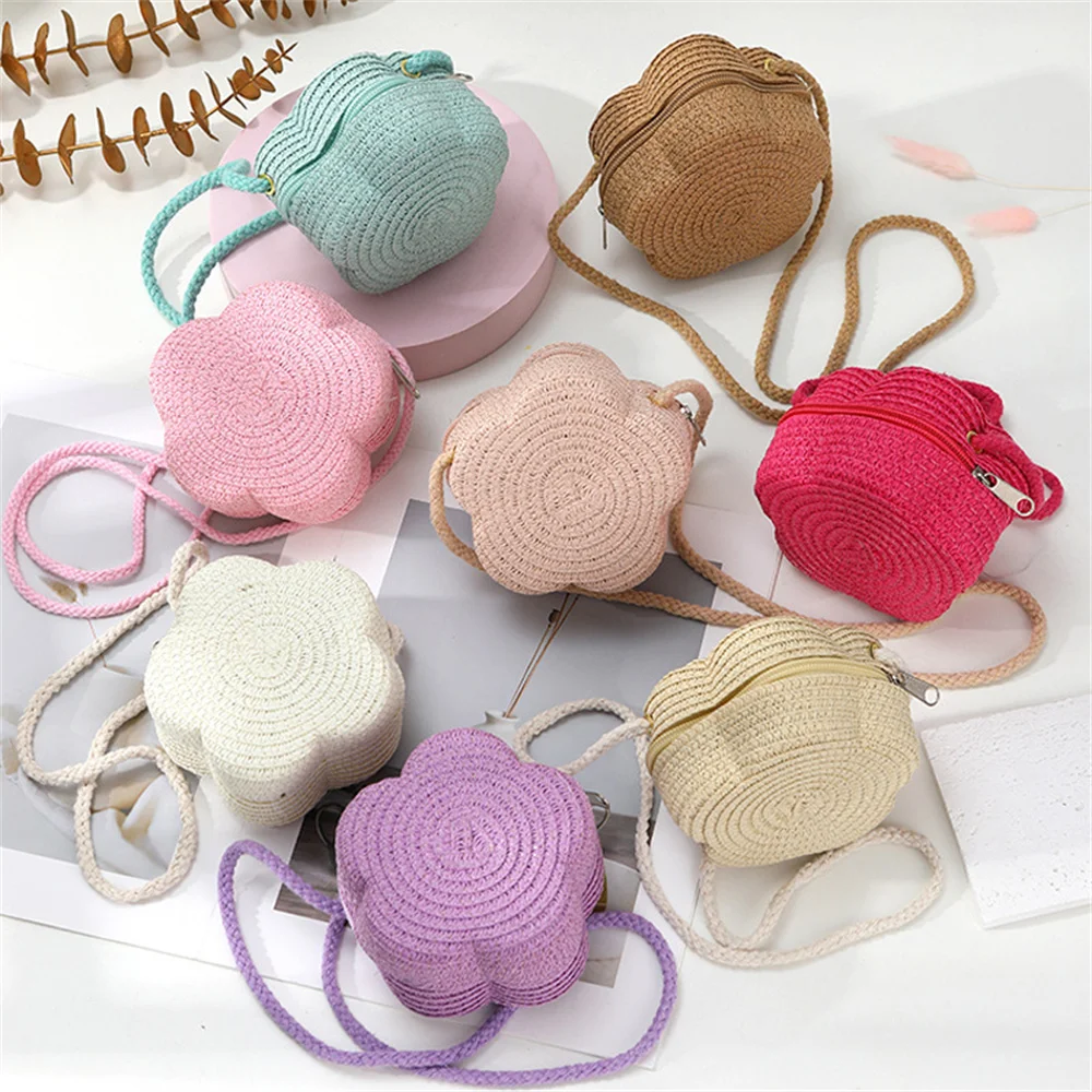 Flower Straw Bag Women Woven Crossbody Beach Bag for Ladies Cute Rattan Handmade Knitted Shoulder Bag Candy Color Small Handbag