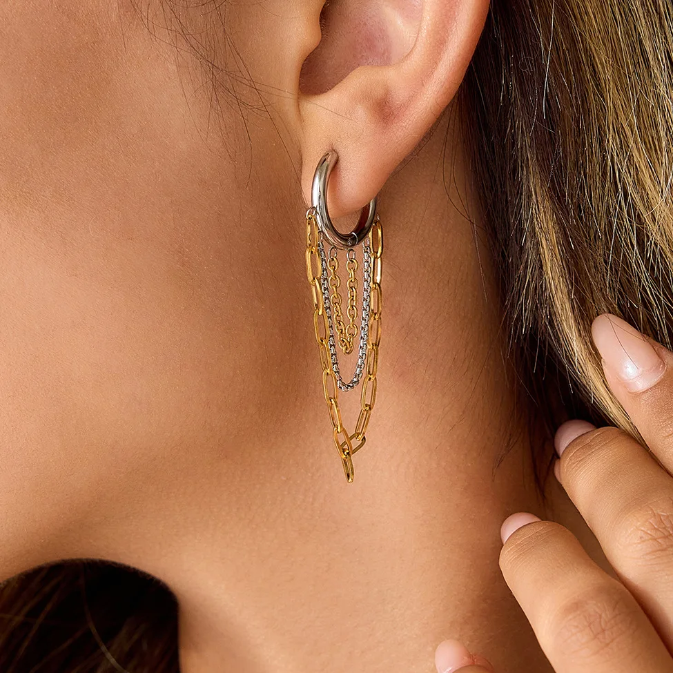 Hiphop Rock Multi Layer Chain Pendant Earrings Two-tone Mix Color Circle Huggies Ear Hoops Everyday Versatile Jewelry Waterproof