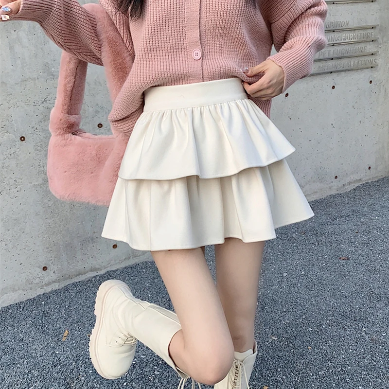 

Mini Skirts Women Summer High Waist Sweet Puffy Layered Korean Fashion Apricot Skirts All-match Folds Casual Vintage Harajuku