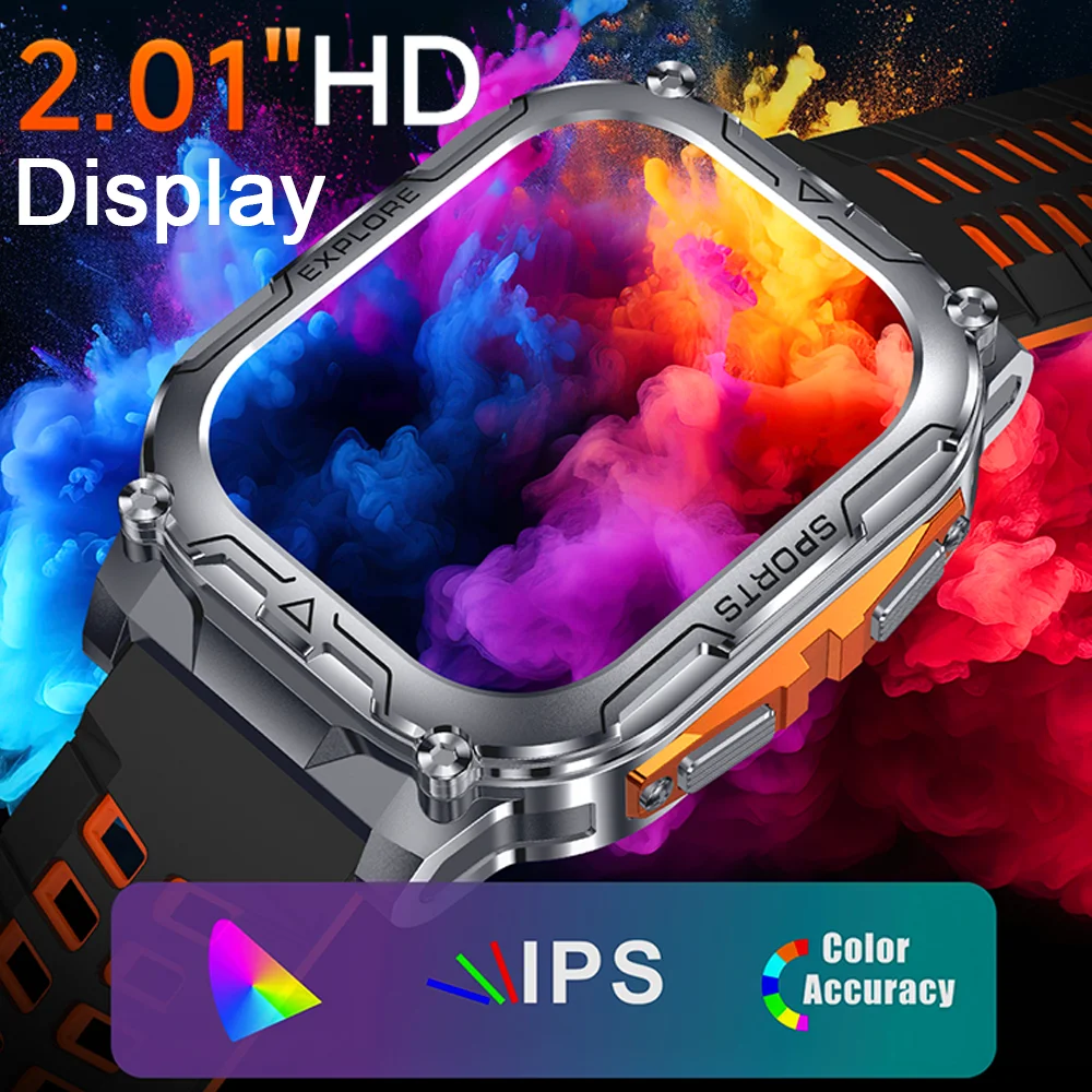 2026 새로운 1000mAh 군용 야외 스마트 시계 남성용 LED 손전등 IP68 방수 스포츠 2.01인치 블루투스 통화 스마트워치