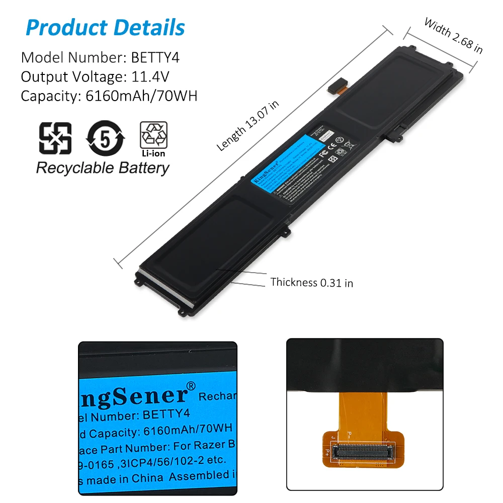 Bateria Portátil para Razer Blade 2023 14 Série v2 Rz090195 Rz09-0165 Rz09-01953e72 Rz09-01953e71 Rz09-01952e31 Kingsener-betty4 - Imagem 3