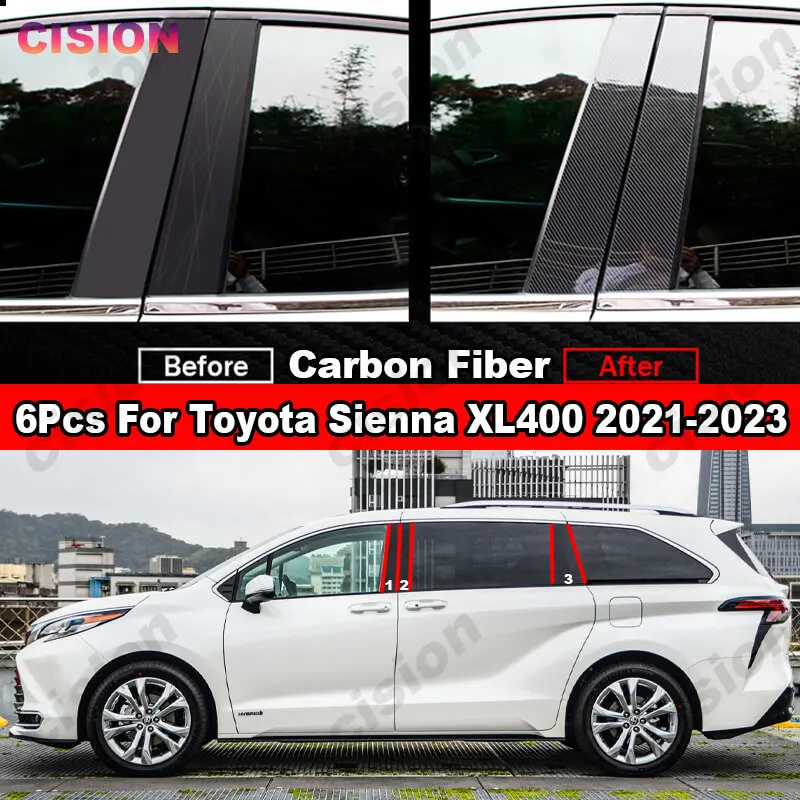 For Toyota Sienna XL40 Carbon Fiber Window Door Column Center B C Pillars Post Cover Trim Mirror Effect  Glossy Black PC Sticker