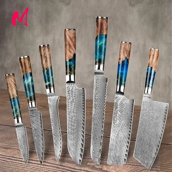 Coltelli da cucina Acciaio Damasco VG10 Coltello da chef Mannaia Coltello da pane per sbucciare Set di manico in legno in resina blu e colore 1