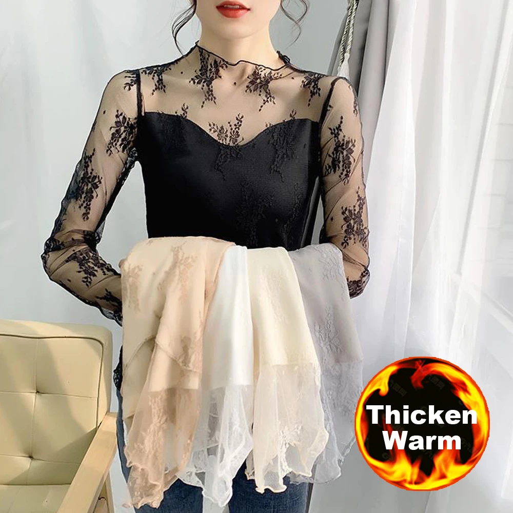 

New Transparent Korean Loose Women Lace Blouse Thicken Warm 4 Colors Female Bottoming Blouses S-2XL Cheaper Tops Kawaii T Shirt