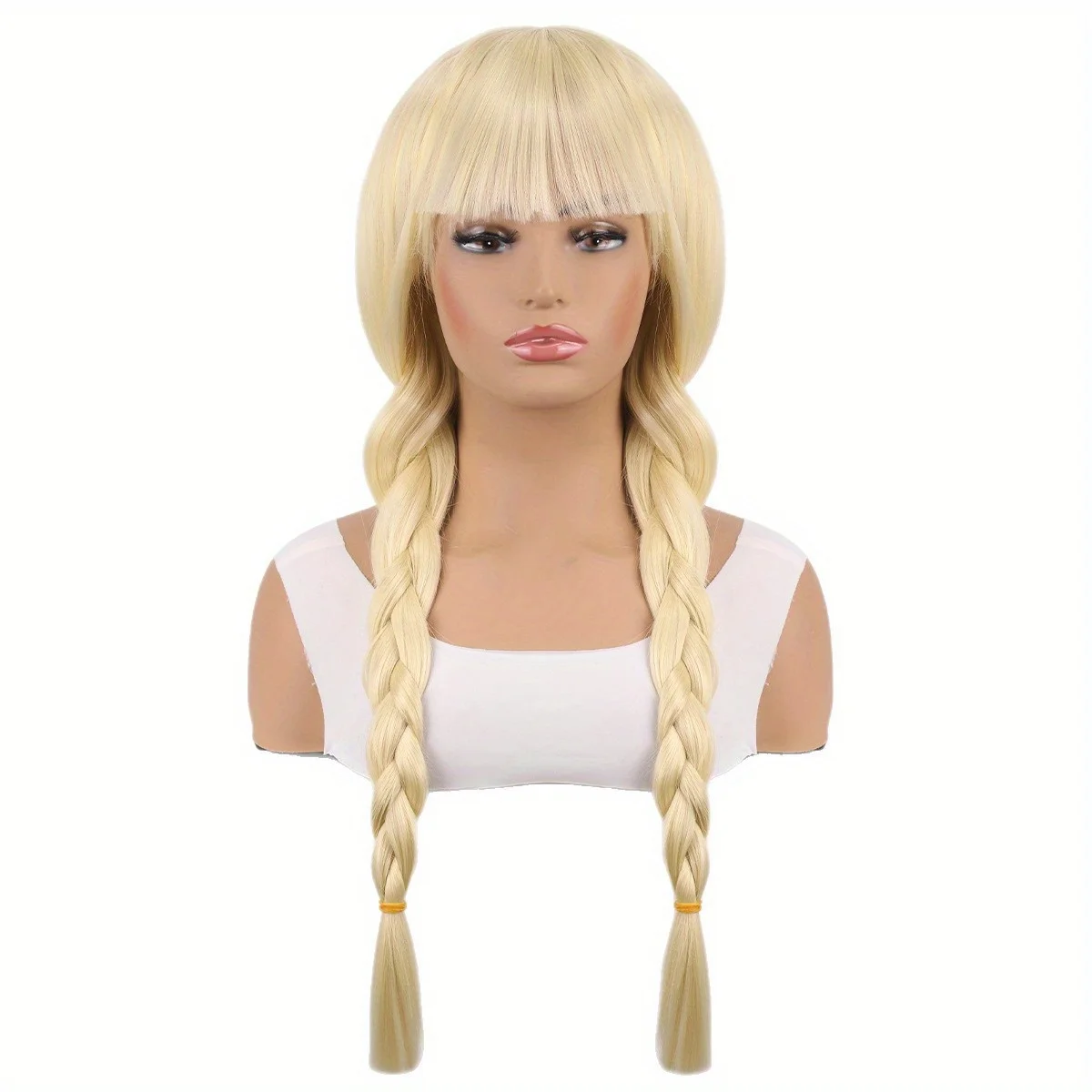 Platinum Pure Bangs Double Braids Synthetic Fiber Heat-Resistant Wig Elegant and Dignified Everyday Lolita Wig