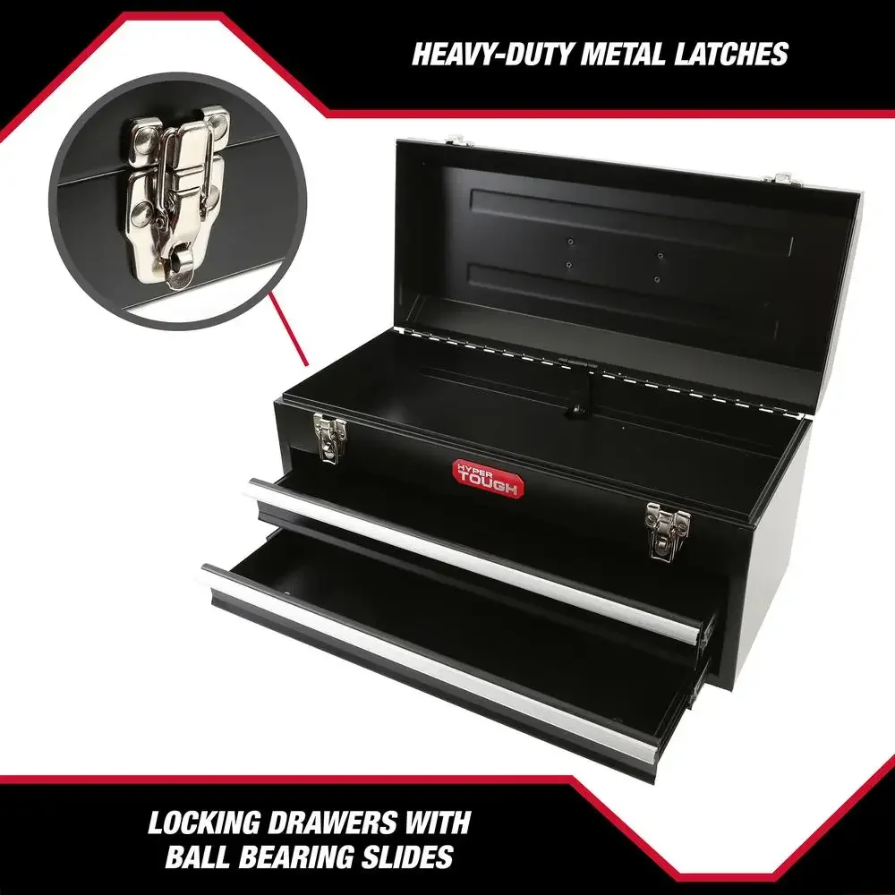 20-Inch Black Steel 2-Drawer Tool Box Chest with Lid Ergonomic Handle Secure Latches Ball-Bearing Slides Garage Workshop Storage 3