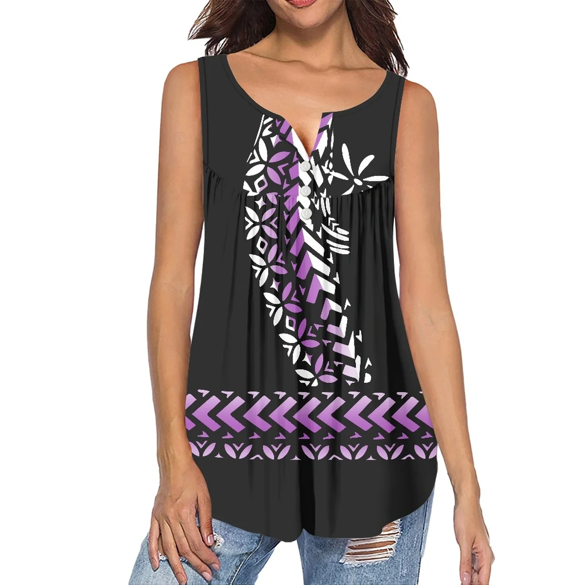 

Comfortable And Stylish Women's Sleeveless Vest Low Neckline Breathable Loose T-shirt Summer Polynesian Print Women's Top