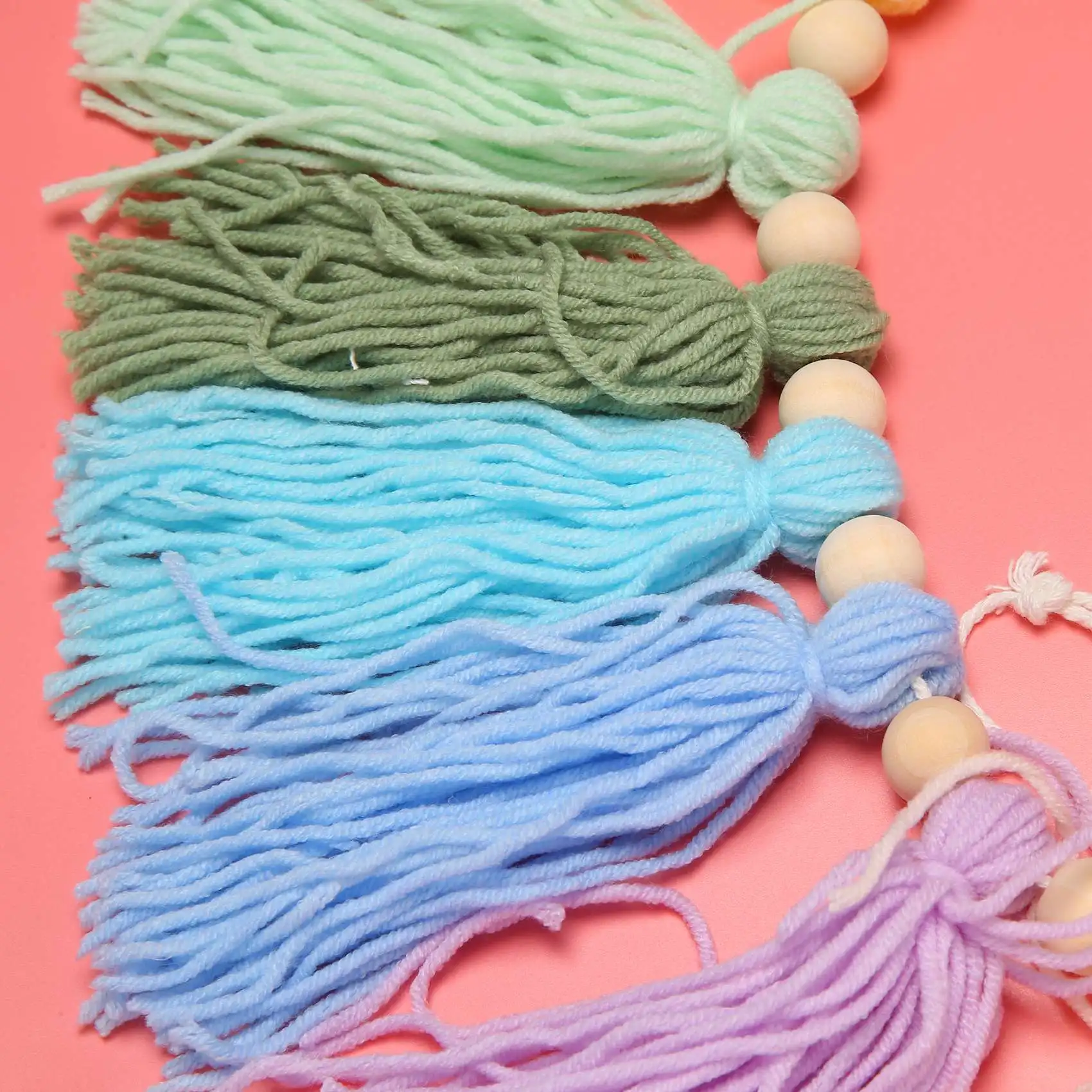 37Inch Pastel Rainbow Tassel Garland with Wood Bead Colorful Tapestry for Bedroom Wall Classroom Nursery Party Decor