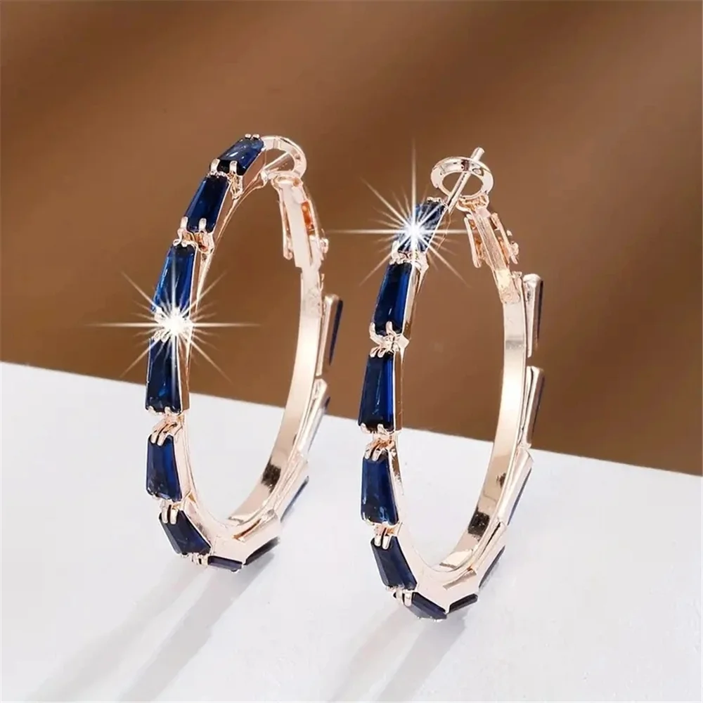 Trendy Crystal Blue Zircon Stone Hoop Earrings For Women Vintage Gold Color Wedding Jewelry