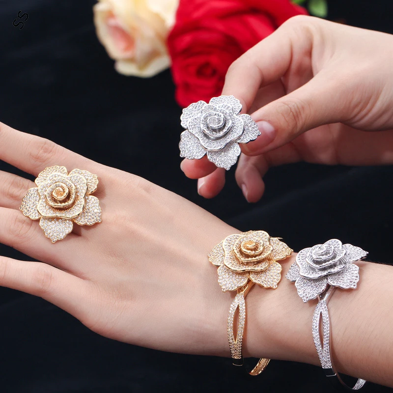 

Fashion Creative Jewelry 2 Piece Sets for Girl Trendy Rose Design Bracelet Ring Inlaid Full Diamond Gemstone Hand Accessories