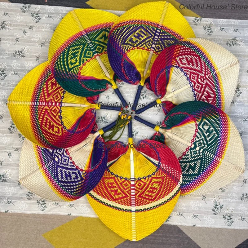 1Pc Ventaglio A Mano In Rafia Di Bambù Naturale Forniture Di Raffreddamento Estivo Ventaglio Intrecciato Colorato A Mano Decorazione Della Parete Dell