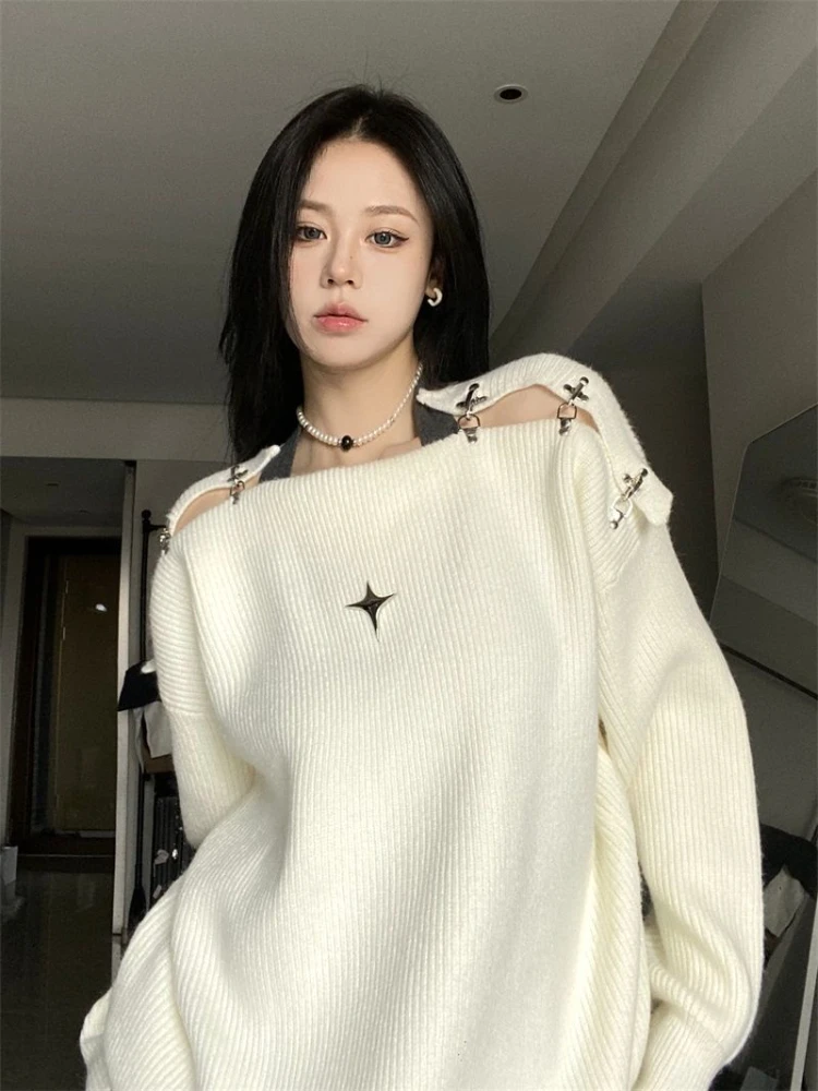 

Deeptown Harajuku Off Shoulder Sweater Women Vintage Hip Hop Casual Hollow Out Pullover Grunge Long Sleeve Y2K Tops High Street
