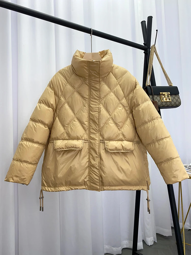 

FTLZZ Winter Women 90% White Duck Down Coat Female Stand Collar Argyle Jacket Casual Loose Thick Warm Solid Parkas Outwear